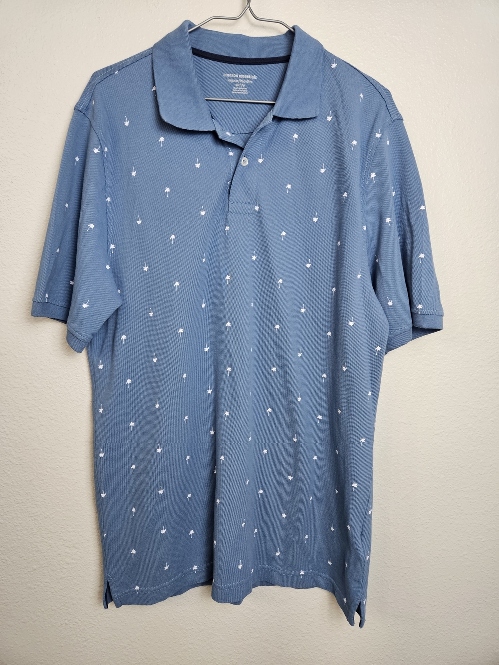 Amazon Essentials Men's Small Blue Palm Tree Print Short Sleeve Polo Shirt